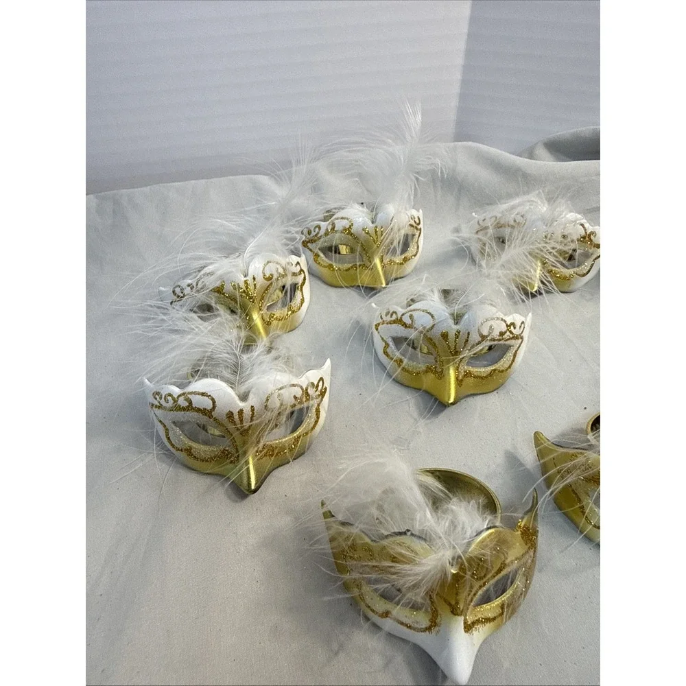 12 Masquerade Mask Napkin Rings Gold White Feather Mardi Gras Party Decor